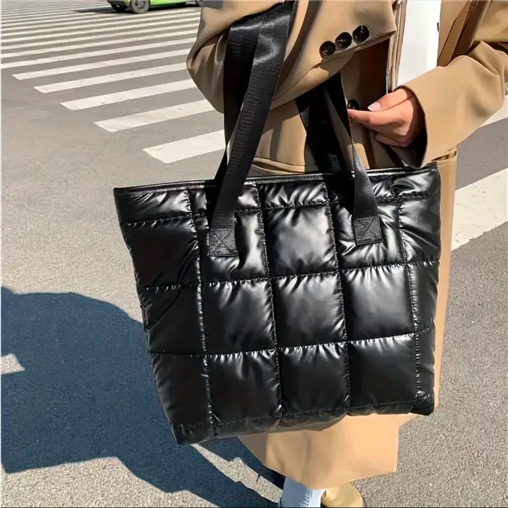 Quilted Black Puffer Tote Bag